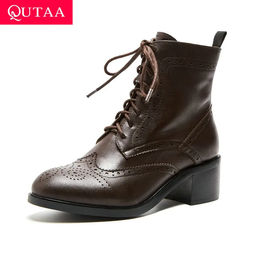 

QUTAA 2020 Retro Round Toe Lace Up New Winter Brown Ankle Boots Genuine Leather Fashion Square Middle Heel Women Shoes Size34-39