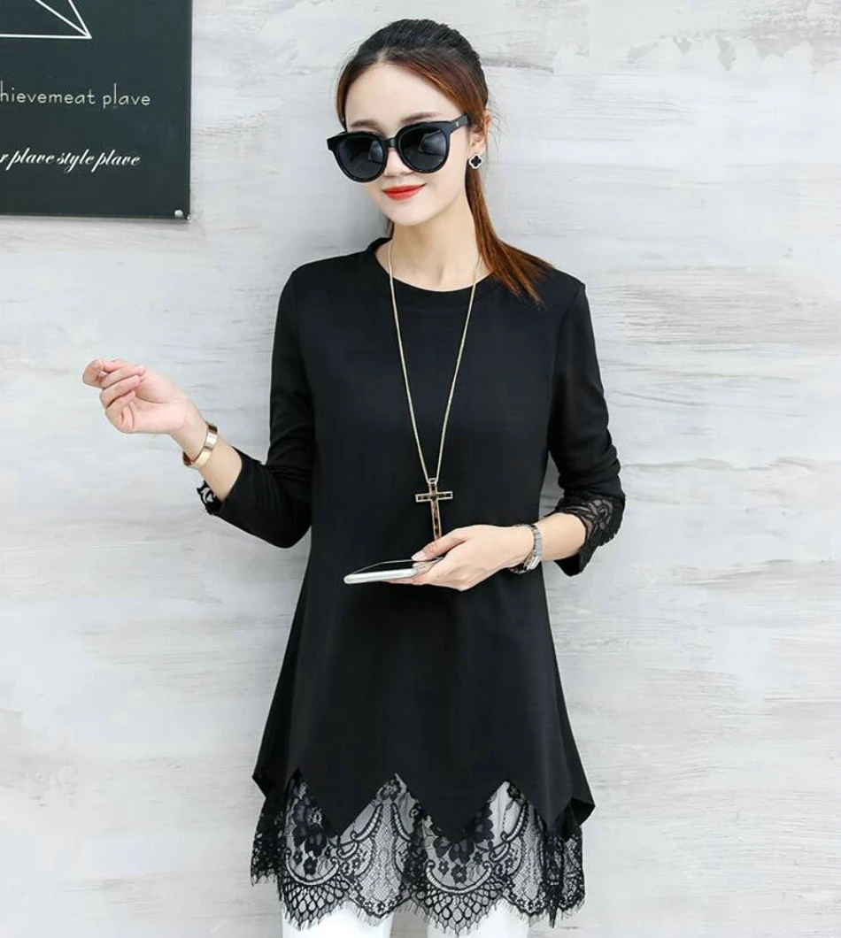 Tunic Plus Size 2018 Spring Autumn Fashion New Womens Long Sleeve Blouse Shirt Black Lace Long Tunic Tops for Women 040208