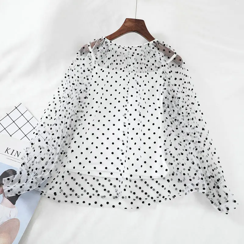 Women Shirt 2 шт., Женская Базовая рубашка с круглым вырезом и рукавом-фонариком, элегантная тонкая кружевная хлопковая сетчатая вуаль в горошек, пуловер, блуза из тюля, топы - Цвет: Women Shirt