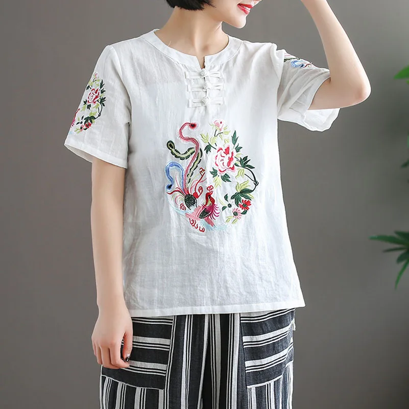 

Chinese Style Women Cotton Linen Tops Irregular Blusas Floral Embroidered Blouses Knot Button Short Sleeve Summer Vintage Shirts