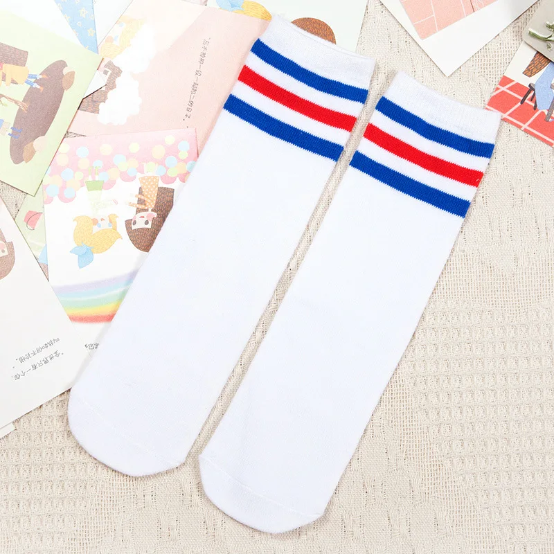 Kids Knee High Socks For Girls Boys Football Stripes Cotton Sports Old School White Socks Skate Children Baby Long Tube Leg Warm 5