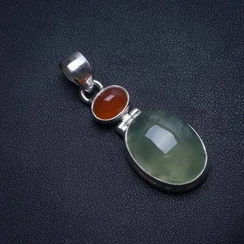 

Natural Prehnite and Carnelian Handmade Unique 925 Sterling Silver Pendant 1 3/4" T1828