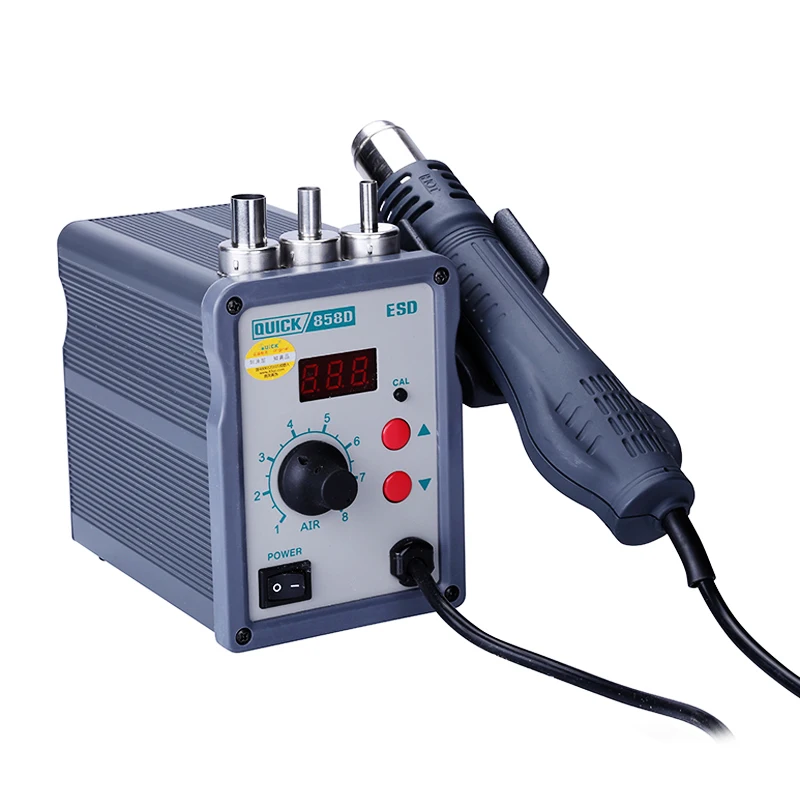 

QUICK 858D LED Digital ESD Rework Station Lead Free Adjustable Hot Air Heat Gun With Helical Wind 700W Air Soldering Station