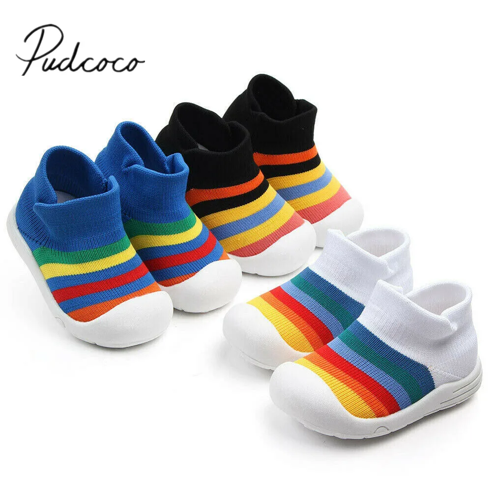 

2019 Baby First Walkers Summer Fall Toddler Baby Unisex Crib Shoes Kids Colorful Rainbow Weaving Soft Sole Elastic Shoes