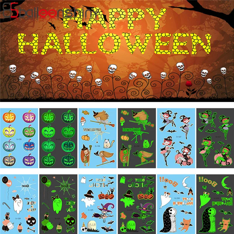 

Balleenshiny 2019 New Halloween Tattoo Stickers Children Cartoon Funny Pumpkin Elements Luminous Tattoo Stickers Face Stickers