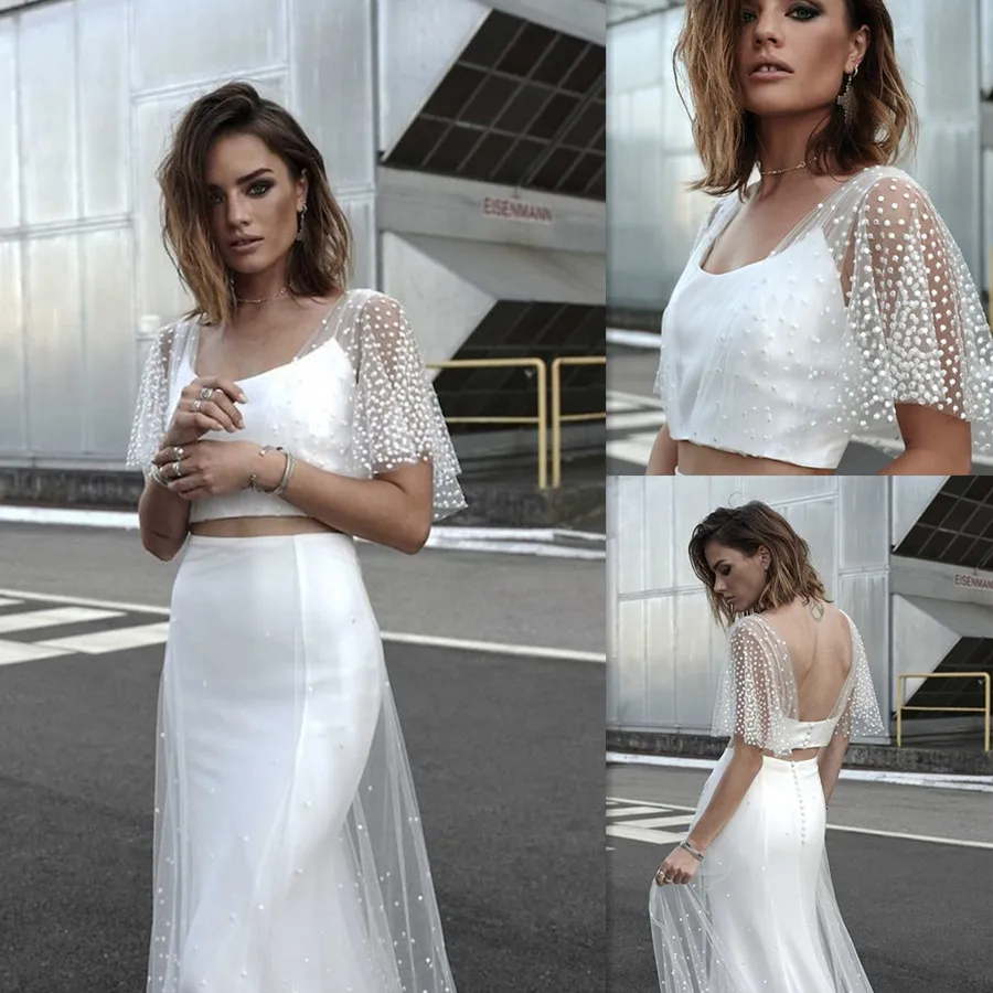 

Elegant Snow Tulle Half Sleeves Two-piece Set Mermaid Wedding Dress Backless Floor-Length Sweep Train Dot Network Bridal Dress