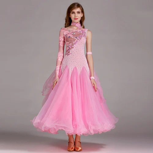 Цветные платья для бальных танцев с блестками стандартная одежда для бальных танцев для соревнований стандартное танцевальное платье вальс фокстрот платье - Цвет: pink