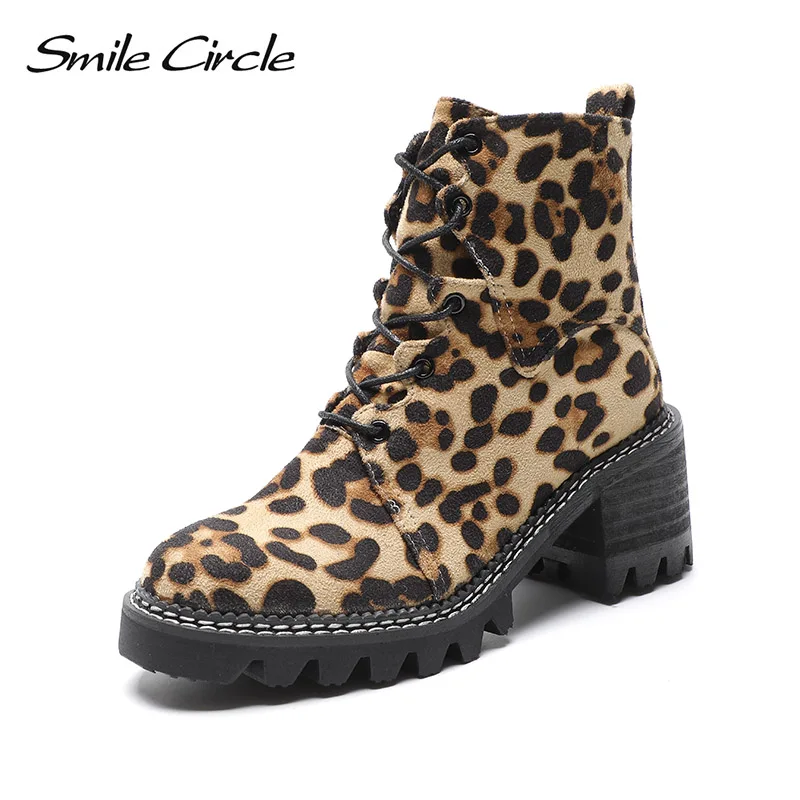 

Smile Circle ankle chunky boots women Shoes Leopard print Round toe lace-up High heel short boots Women Shoes 2019 spring