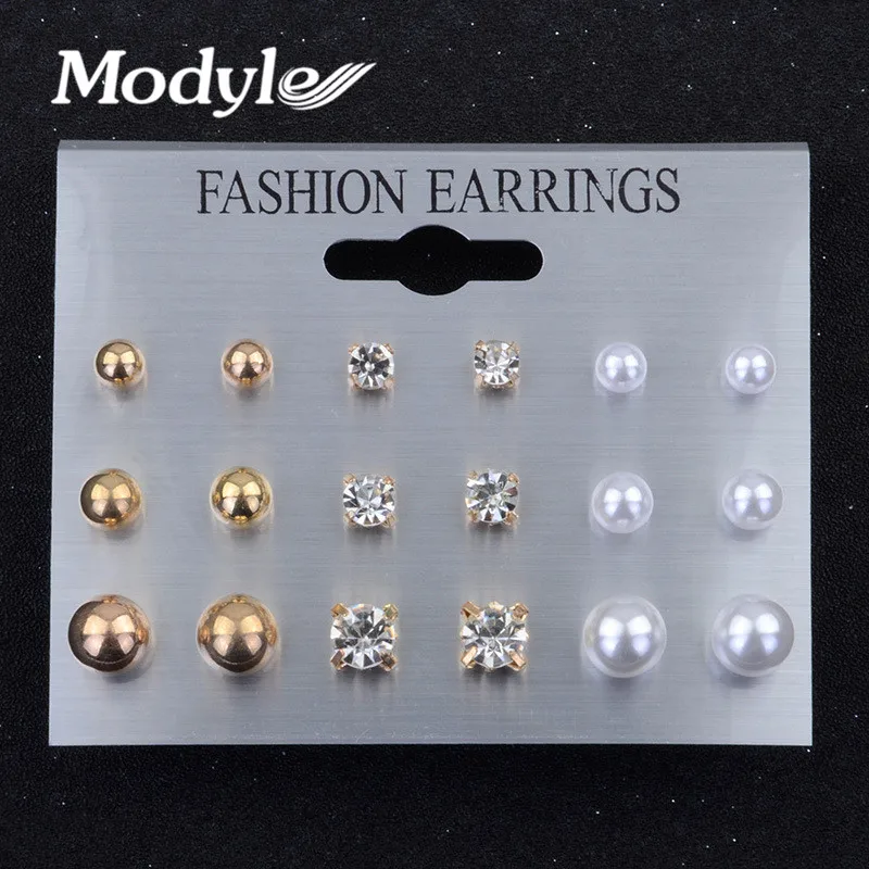 

Modyle Fashion 9 pair/set Women Crystal Heart Stud Earrings for Women Piercing Simulated Pearl Flower Earrings