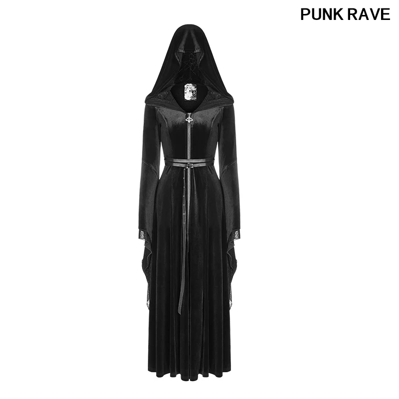 

Fashion black Elegant and Slim Version Bigger Hats Women Coat Gothic Independent Waist Loops Cap Long Coat PUNK RAVE WY-899LCF