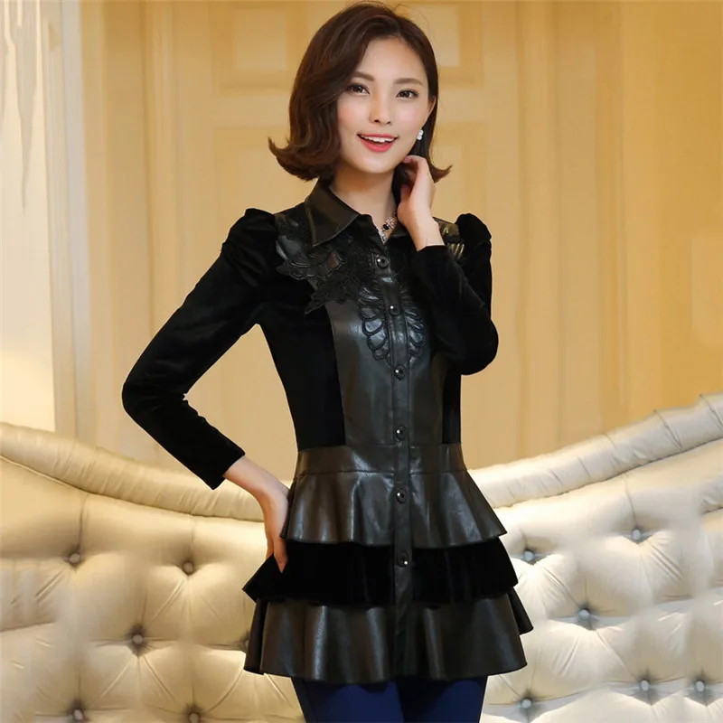 

PU Leather Shirt Women Slim Blouse 2018 Temperament Spliced Leather Shirt Autumn Fashion Large Size L-4XL Mid Long Shirt DT0318