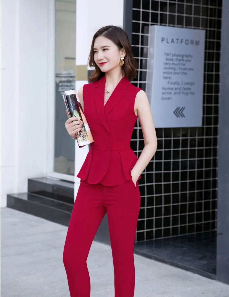 

Novelty Red Formal Business Suits With Jackets And Pants 2019 Summer Women Ladies Office Pantsuits Female Blazers Pants Suits