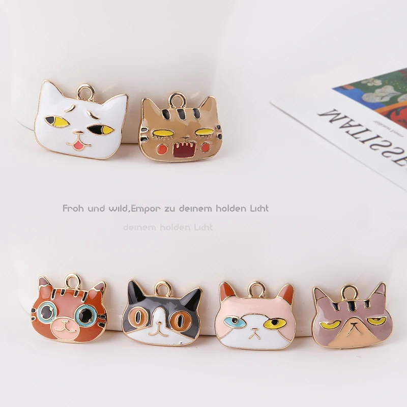 

10PCS DIY Manual Enamel Cute Expression Cat Pendant Jewelry Making Gold Color Animal Cartoon Charms Handmade Necklace Accessory
