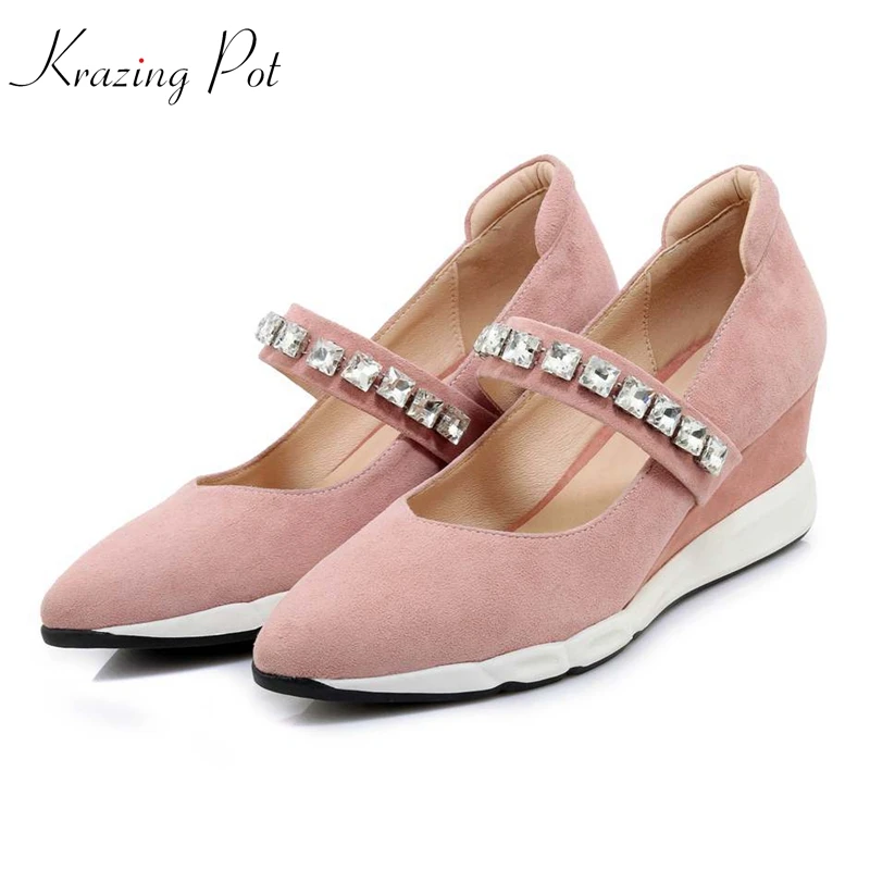 

Krazing Pot 2018 new sheep suede flat platform sneakers pointed toe leisure diamond-studded princess style vulcanized shoes L30