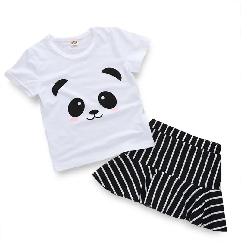 2PCS Kids Summer Baby Girls Panda Tops T-shirt+Striped Skirt Outfits Suit Sets