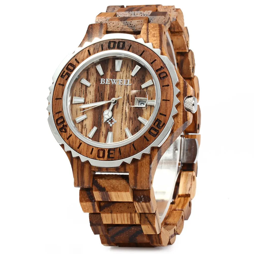 

BEWELL Luxury Brand Wooden Men Quartz Watch with Luminous Hands Calendar Water Resistance Analog Wrist watches reloj hombre