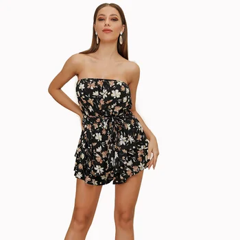 

Summer Jumpsuit Playsuits Women Floral Print Slach Neck Ruffles Backless Beach Boho Boot Cut Sexy Strapless Romper Shorts