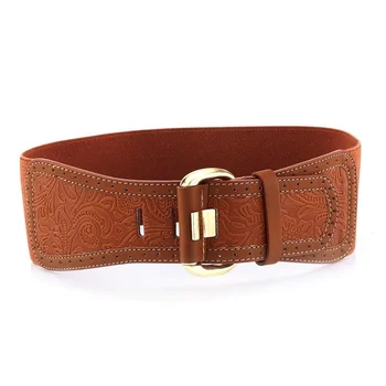 

Women New Design Fashion Brown Bow Beads Belt Waist Ladies Dress Alloy and Pu Pure Color Vintage Slim Embossing Belt