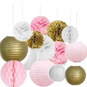 

14pcs/set Gold Pink White Paper Crafts Tissue Paper Honeycomb Balls Lanterns Paper Pom Poms Birthday Wedding Party Decoration