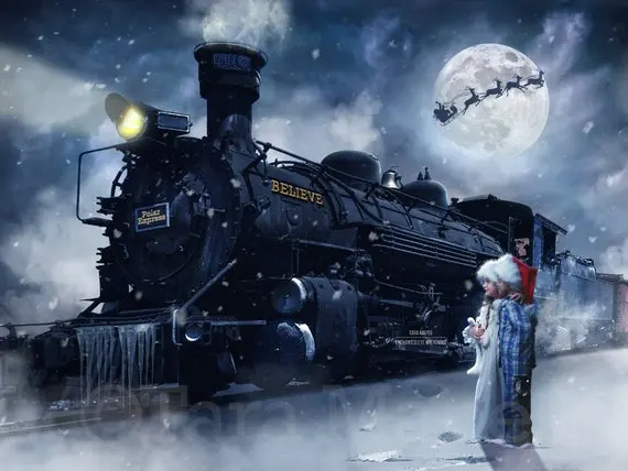 Полярный экспресс поезд полнолуние зима снег Рождество фон высокого качества компьютерная печать фон для фото на вечеринке