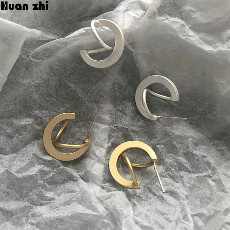 Уникальные серьги-гвоздики HUANZHI из серебра S925 пробы, матовое металлическое золото, двойные круглые серьги-гвоздики для женщин и мужчин, вечерние ювелирные изделия