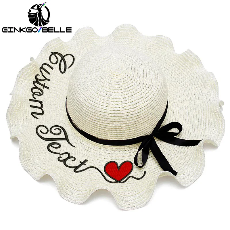 

Personalized Custom Name Text LOGO Women Beach hat Sun Hat Lace Ribbon Bow Wavy Large Brim Straw Hat Outdoor Sun Hat Summer Cap