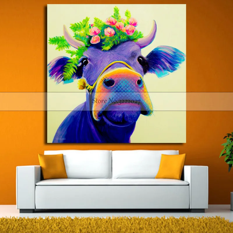 Free-Shipping-Skills-Artist-printed-High-Quality-Abstract-Animal-blue-Cow-Oil-Painting-Art-Painting-For (1)