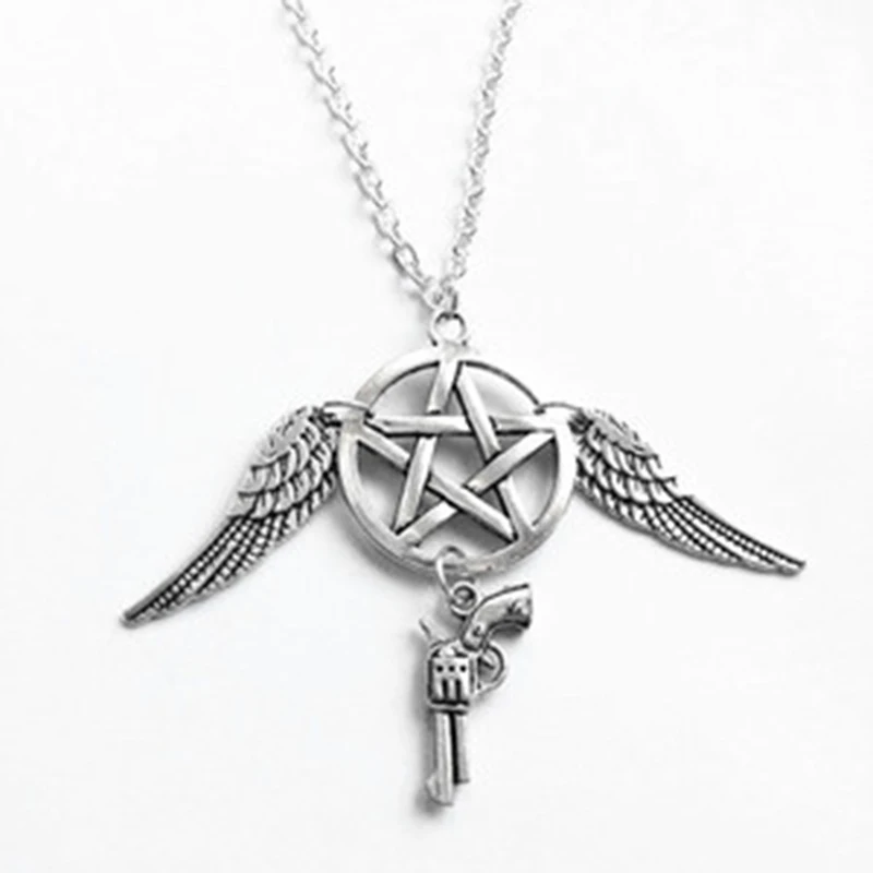 

Supernatural Evil Power Wings Gun Star Pendant Necklace For Women Christmas gifts Choker Collier Bijoux Female Pentagram Jewelry