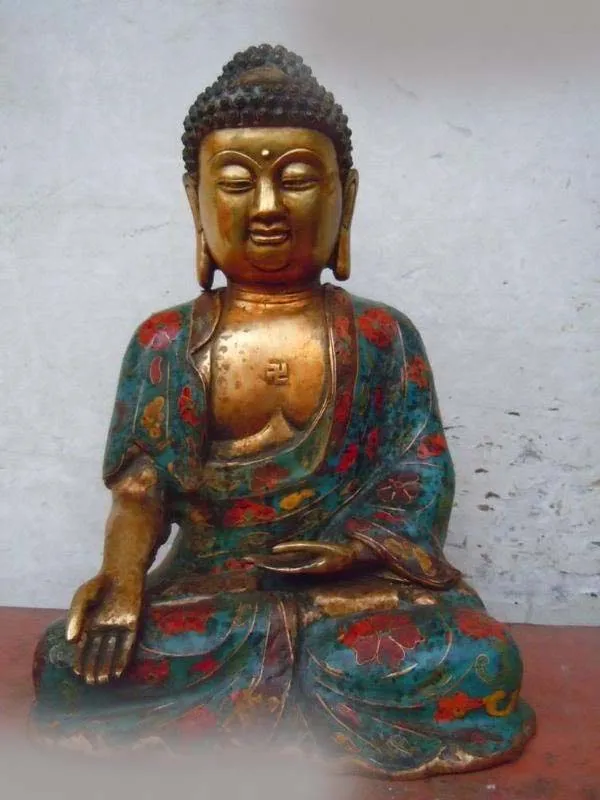 

11"Chinese bronze gild cloisonne Buddhism Sakyamuni buddha Sculpture statue (D0426)