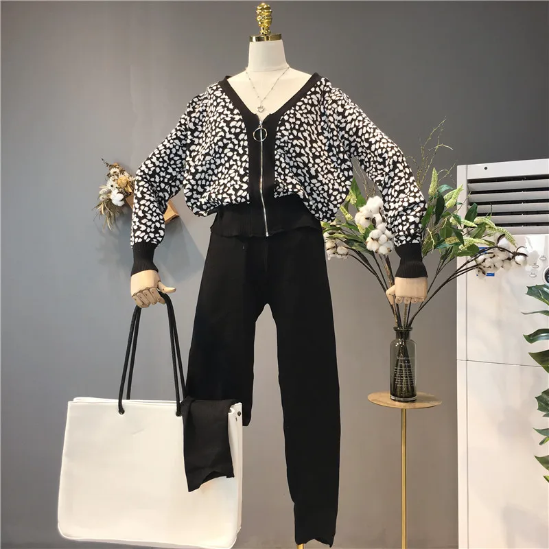 

Amolapha Women Print Leopard Zipper Knitted Cardigans+Pants 2 Pieces Suits Woman Casual Knitting 2pcs Tracksuits