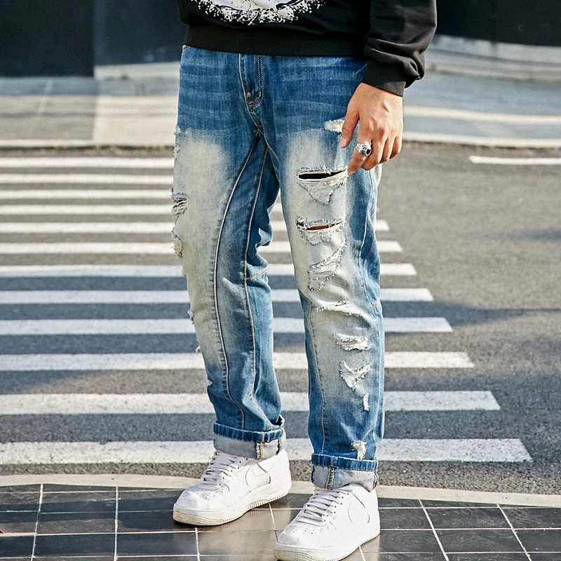 MIXCUBIC 2017 Autumn Stitching Scratched hole jeans men casual washing