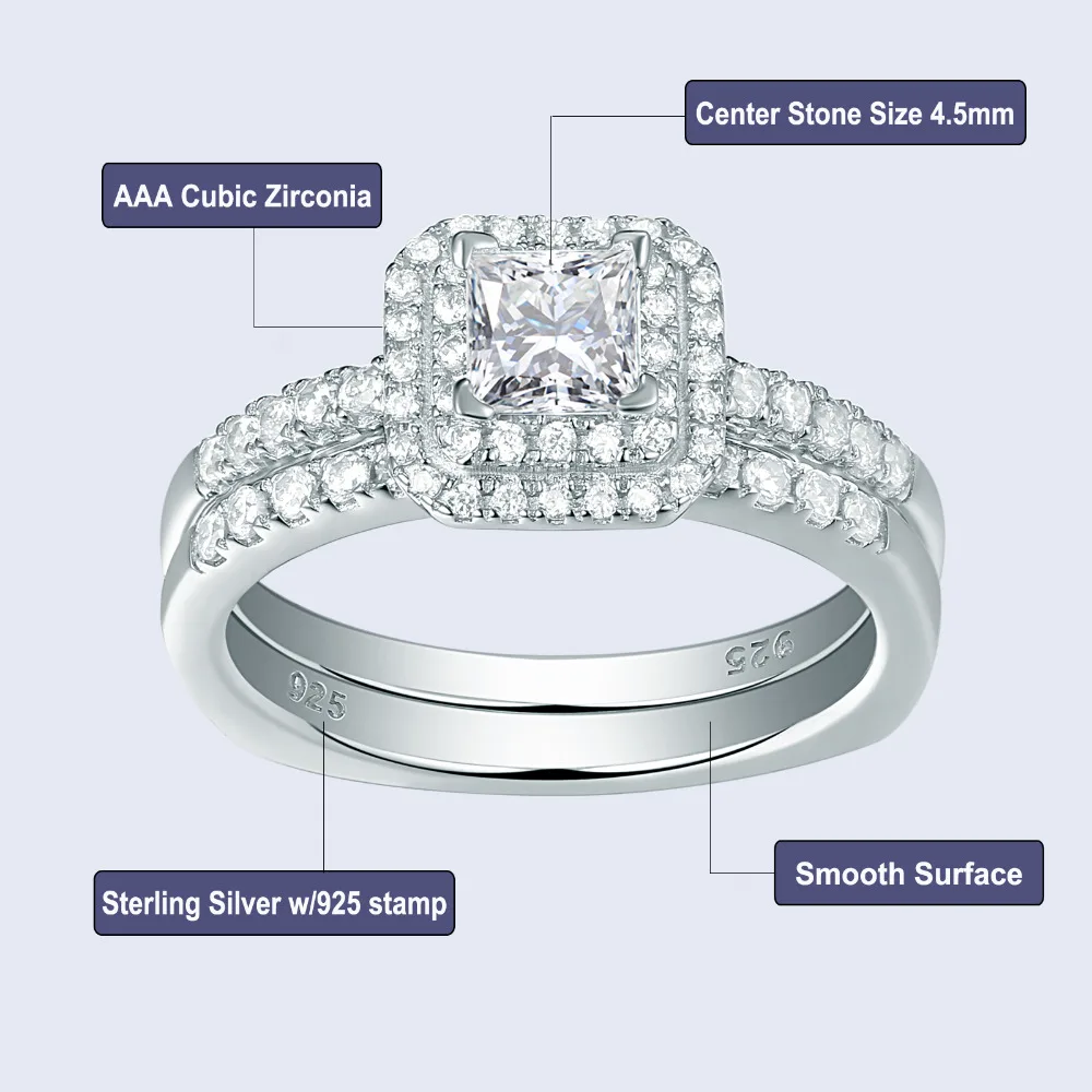 Newshe 2 шт. Halo обручальное кольцо набор белая Принцесса Cut AAA CZ стерлингового серебра 925 обручальные кольца для женщин подарок ювелирные изделия 1R0057