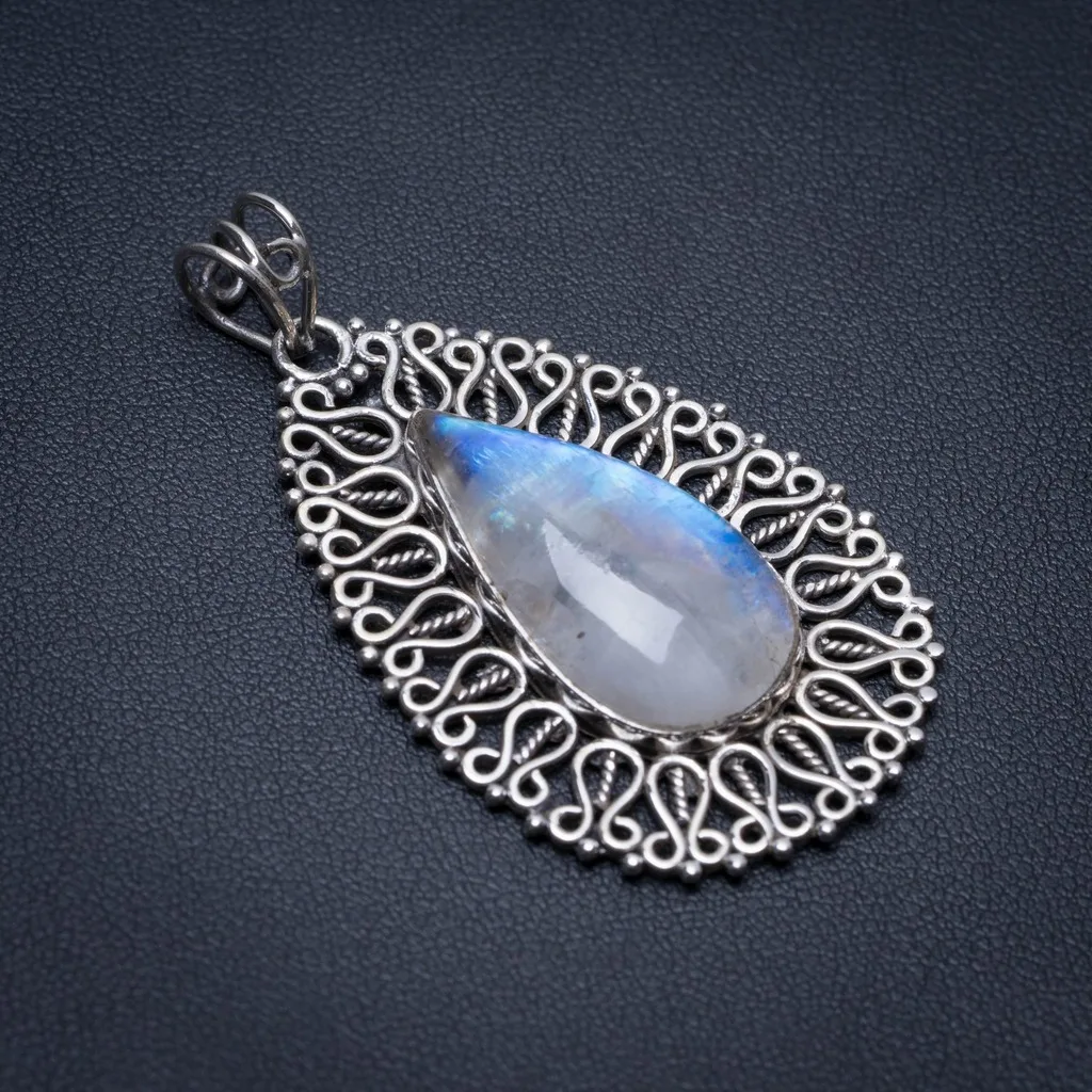 

Natural Rainbow Moonstone Punk Style 925 Sterling Silver Pendant 2" S1179