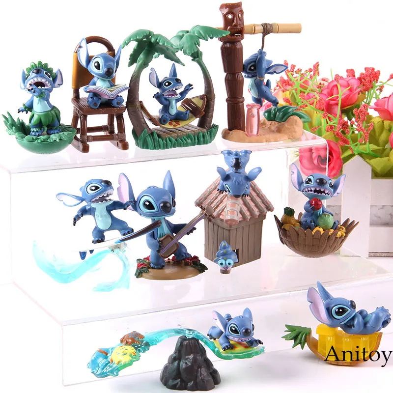Tanie Anime Lilo i Stitch figurka hawaje plaża do czytania Surfing pcv model kolekcjonerski zabawki Stitch prezent urodzinowy 5 sztuk zestaw