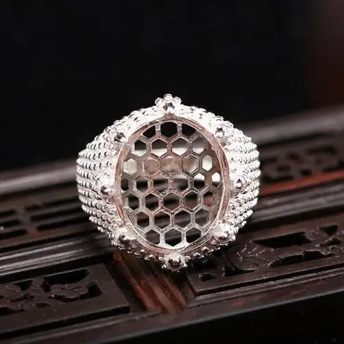 

925 Sterling Silver Engagement Semi Mount Men Ring 14x17mm Oval Cabochon Claws Fine White Gold Color Adjustable Wholesale