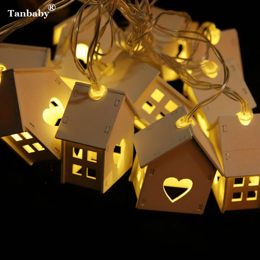 Tanbaby Wooden House LED String Lights Wood LOVE Heart Party Decoration Star Fairy String Lighting For Indoor Bedroom Livingroom