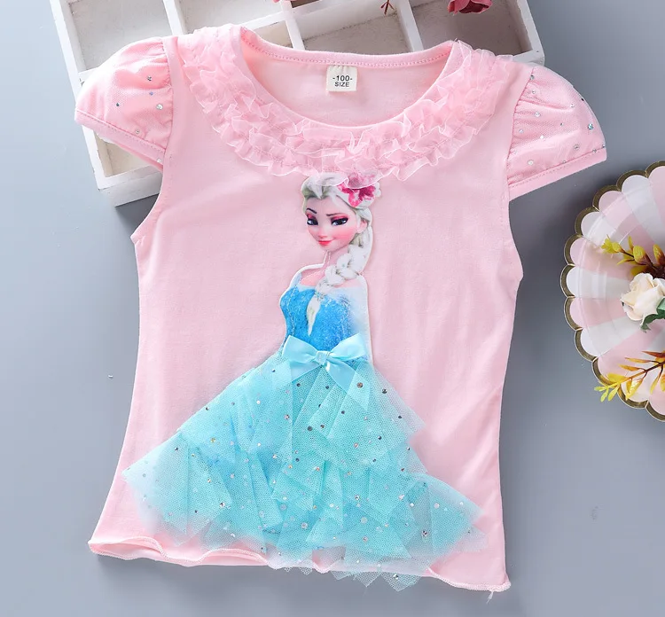 Новинка; летняя футболка принцессы для девочек; Детские хлопковые футболки «Эльза»; Кружевная футболка; детская одежда с 3D алмазной аппликацией для дня рождения