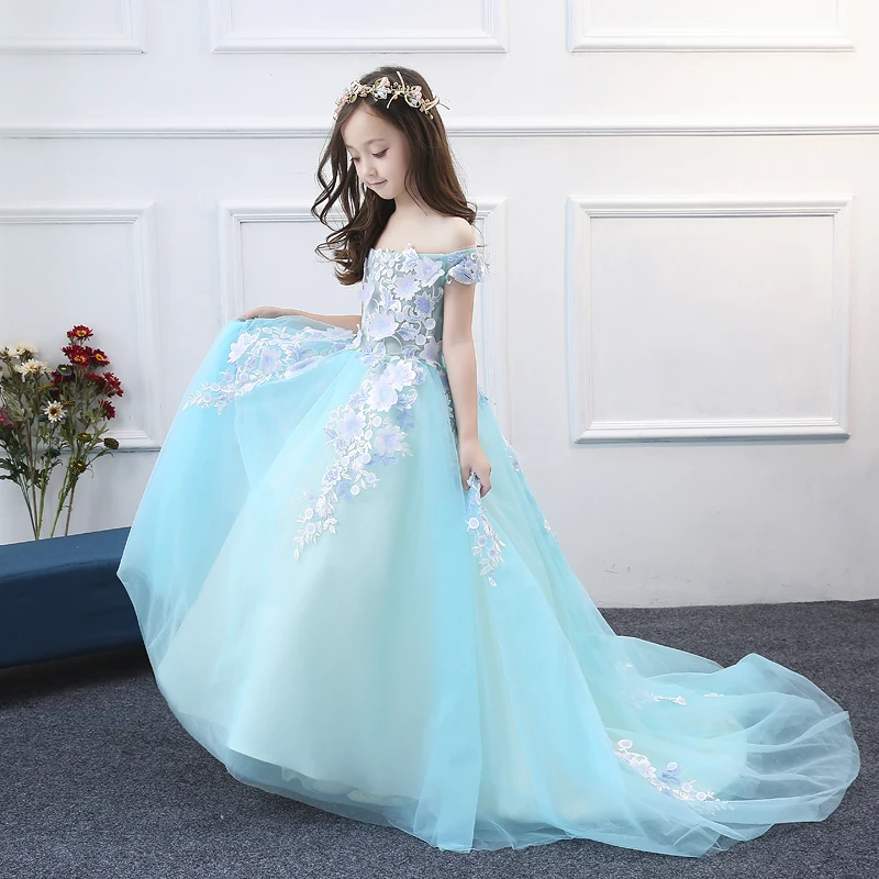 

Floral Girl Dresses for Weddings 2018 Long Trail Shoulderless Kids Evening Dress Lace Up Holy Communion Girls Pageant Gowns F530