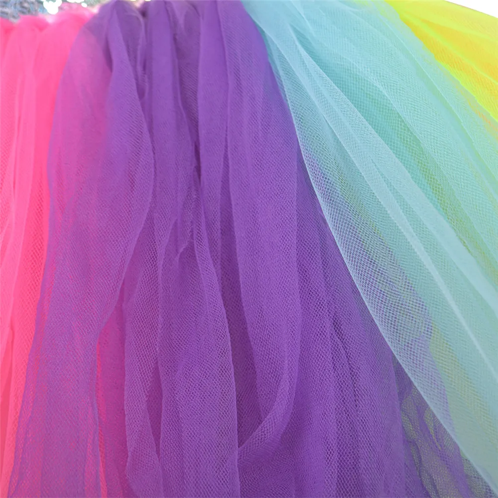 Baratos Arco Iris vestido de lentejuelas con tutú para niños moda sin espalda vestido sin mangas de tul Ropa para Niñas coloridos niños niña vestido de fiesta 2 8