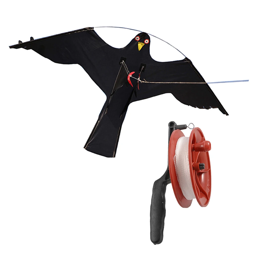 Black Hawk Kite Eagle Bird Scarer Protector Guard - Farmer Crops Scarecrow Birds Decoy Props Toys - Red Handle 100 Kite Line