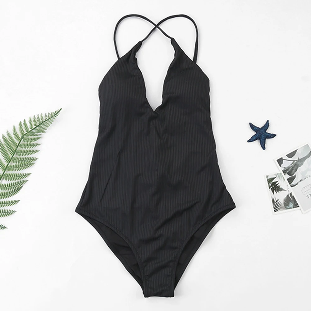 

Women Quick Dry Backless Beach Adults Sexy Slim Swimwear Lace Up Elastic Bikini Solid High Waist Holiday Seaside One-Piece