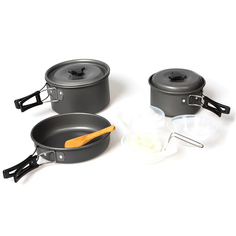 8 piezas camping juego de ollas Pan 2-3 personas al aire libre Camping mochila Kit cocinar espátula limpieza Shell cuencos esponja