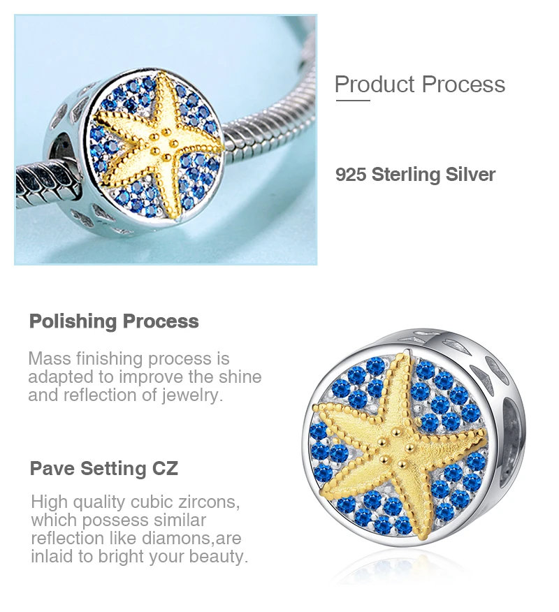 SG starfish charm with yellow Enamel charm bead 925 sterling silver Blue zircon charms for DIY charms Bracelet women gifts