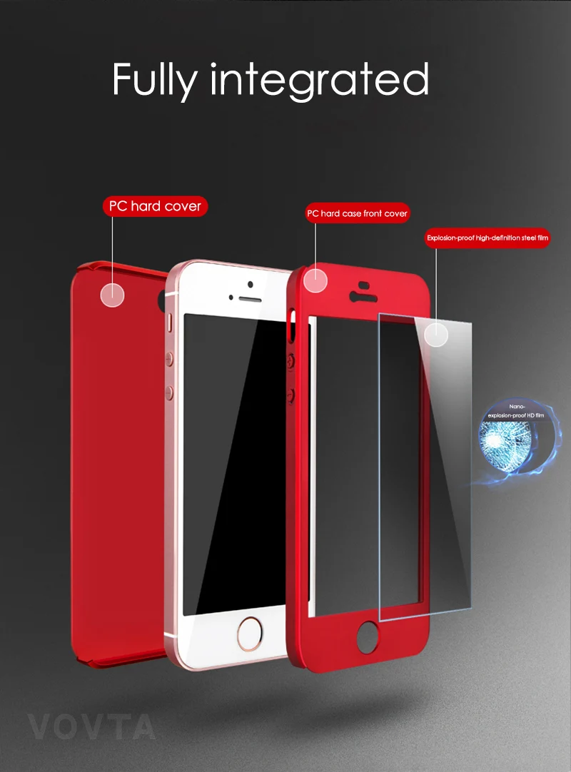 VOVTA 360 Degree Full Cover Case For iPhone 5s 5 SE With Tempered Glass Case cover For iphone 5s 5 SE Phone bag Capa Coque2