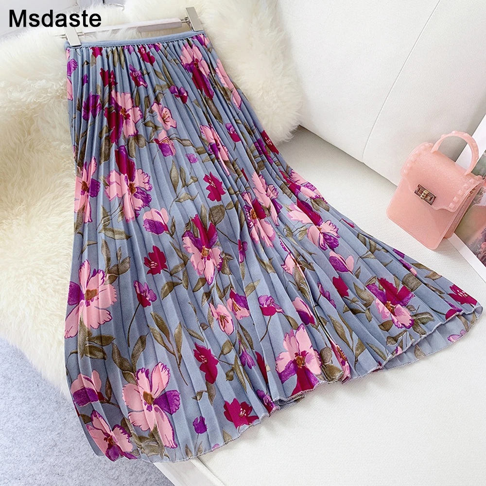 Плиссированная юбка летняя новая модная элегантная Милая шифоновая с цветочным принтом женская винтажная эластичная длинная юбка с высокой талией для женщин