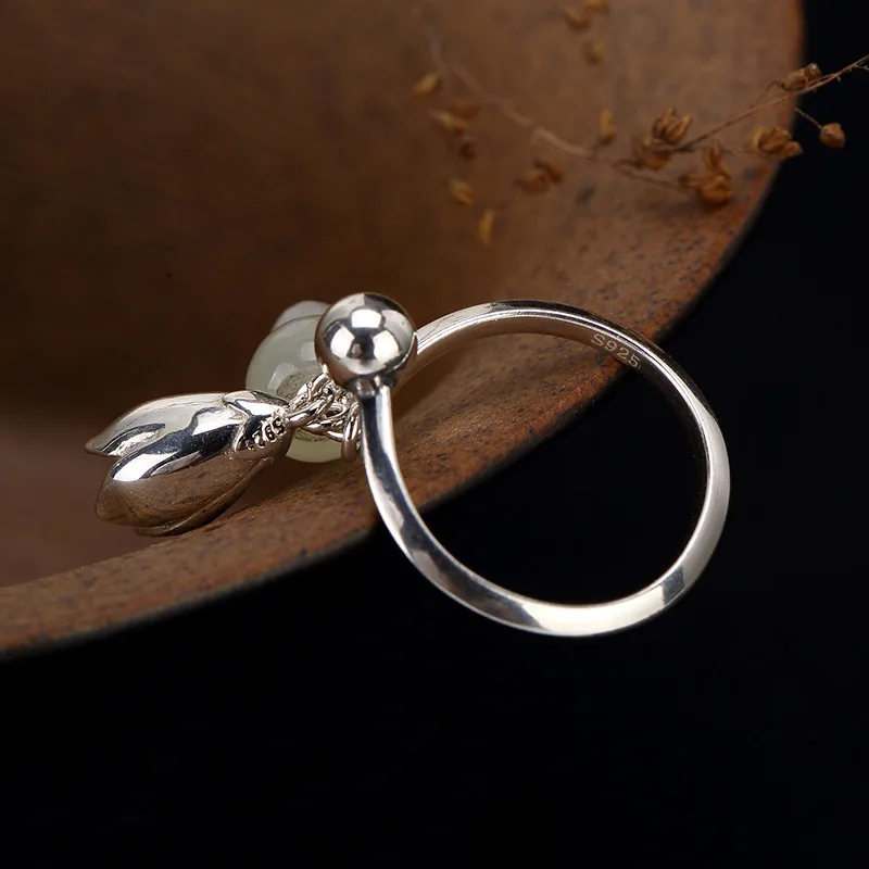 925 Sterling Silver Jade Rings Engraved Flores Convallariae Simple Vintage Natural Gemstones Rings For Women Bagues Argent Femme