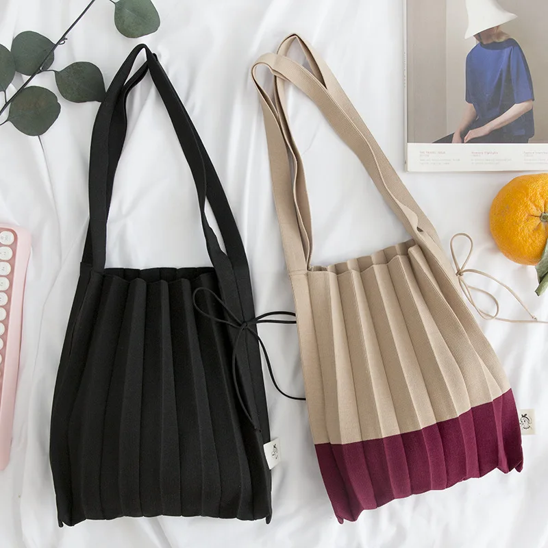 Wool knitting Pleated Bags Patchwork Drawstring Shopping Bags Girls
