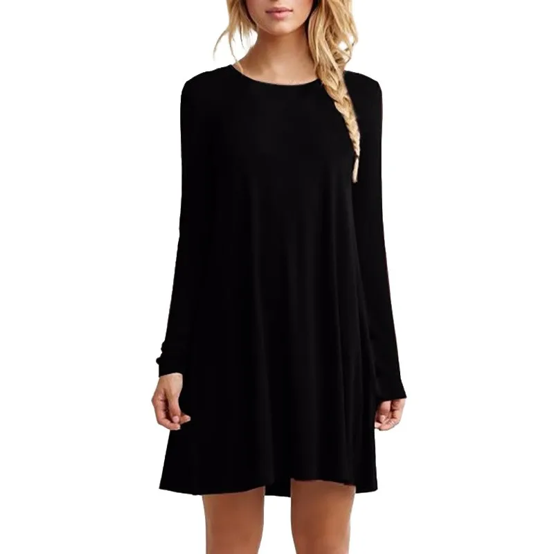 

New Style Women Long Sleeve Casual Loose Black Dress Autumn Winter Sexy Pleated Mini Party Dresses