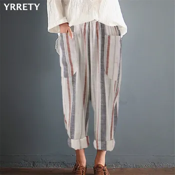 

YRRETY Summer New Woman Linen Striped Harem Pants Fashion Women Cotton Loose Striped Full Pants Female 2018 Casual Pants S-5XL