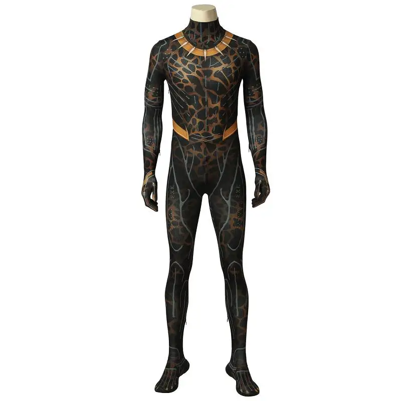 

Black Panther Erik Killmonger Cosplay Costume Jumpsuit 3D Printed Yellow Panther Outfit Fancy Zentai Mask Halloween Full Set